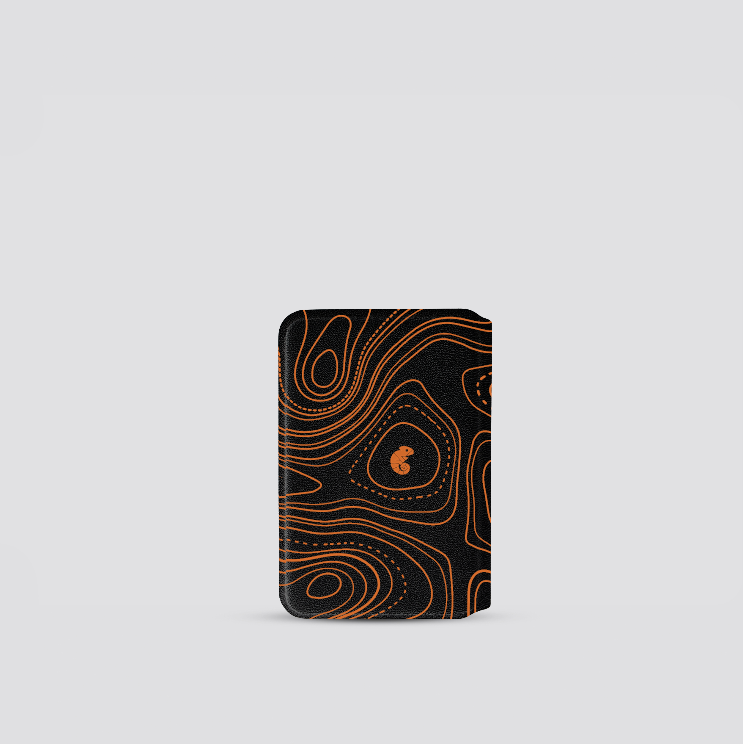 Cardholder with orange abstract design on a light gray background