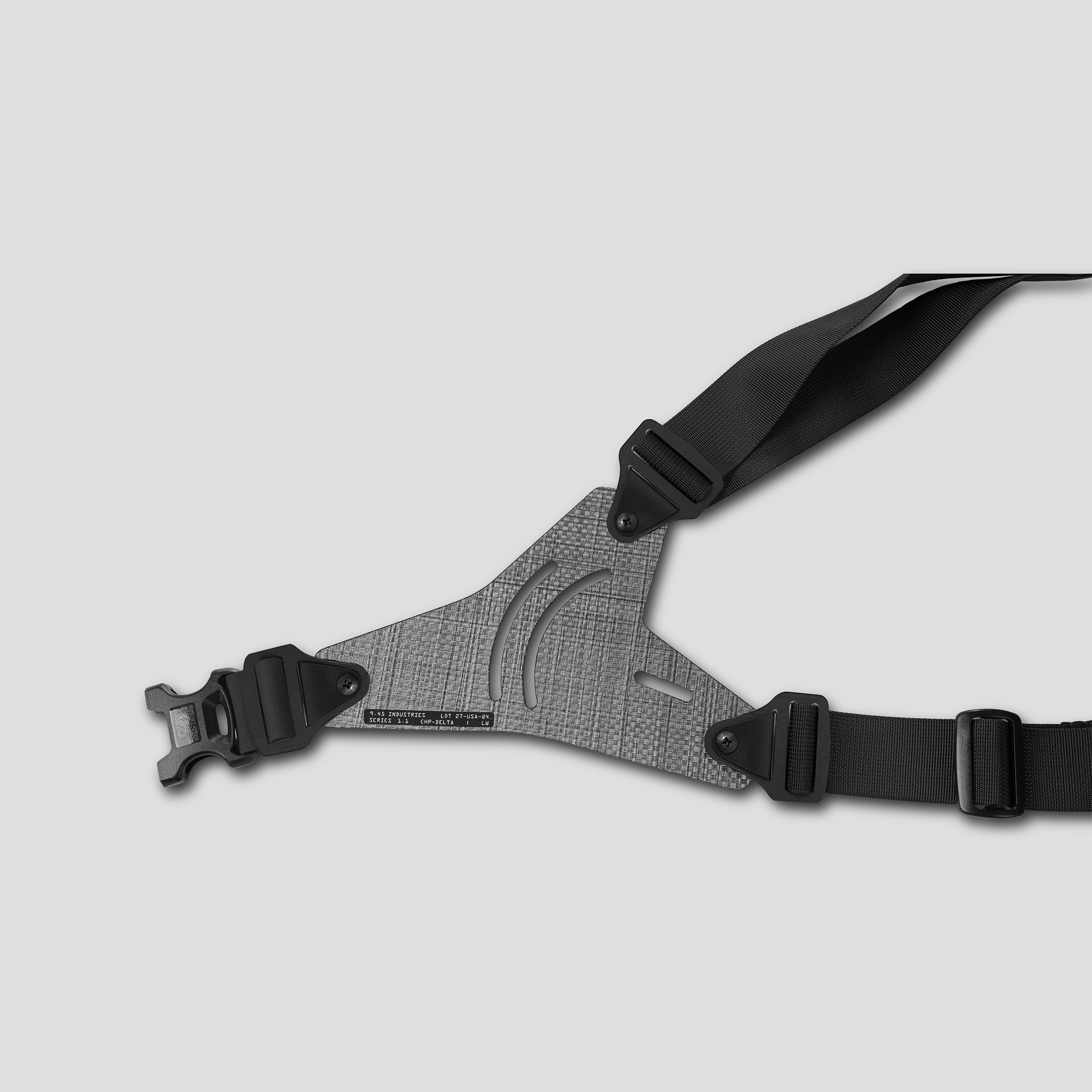 Gray and black shoulder strap on a light gray background