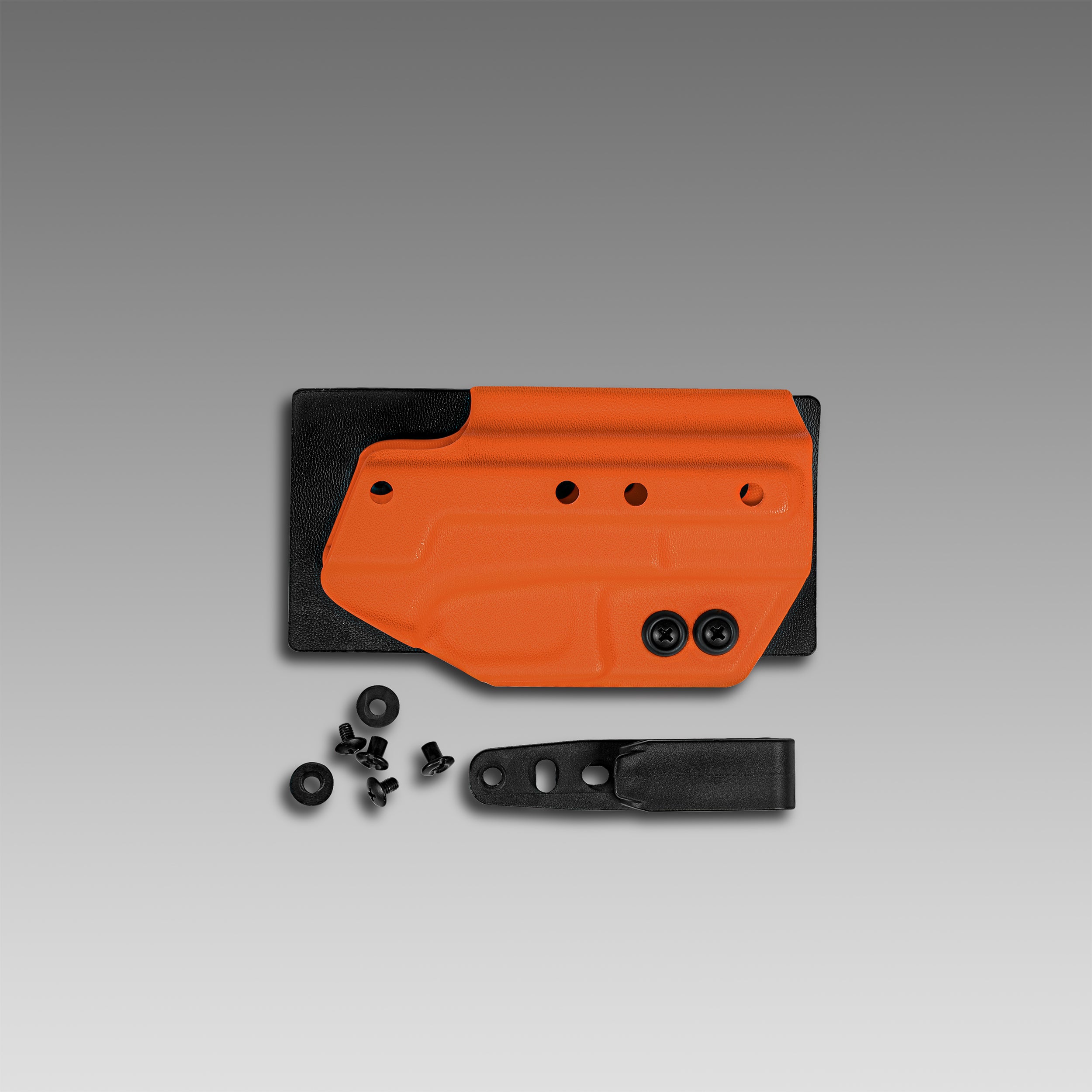Orange and black metal bracket with screws on a gray background