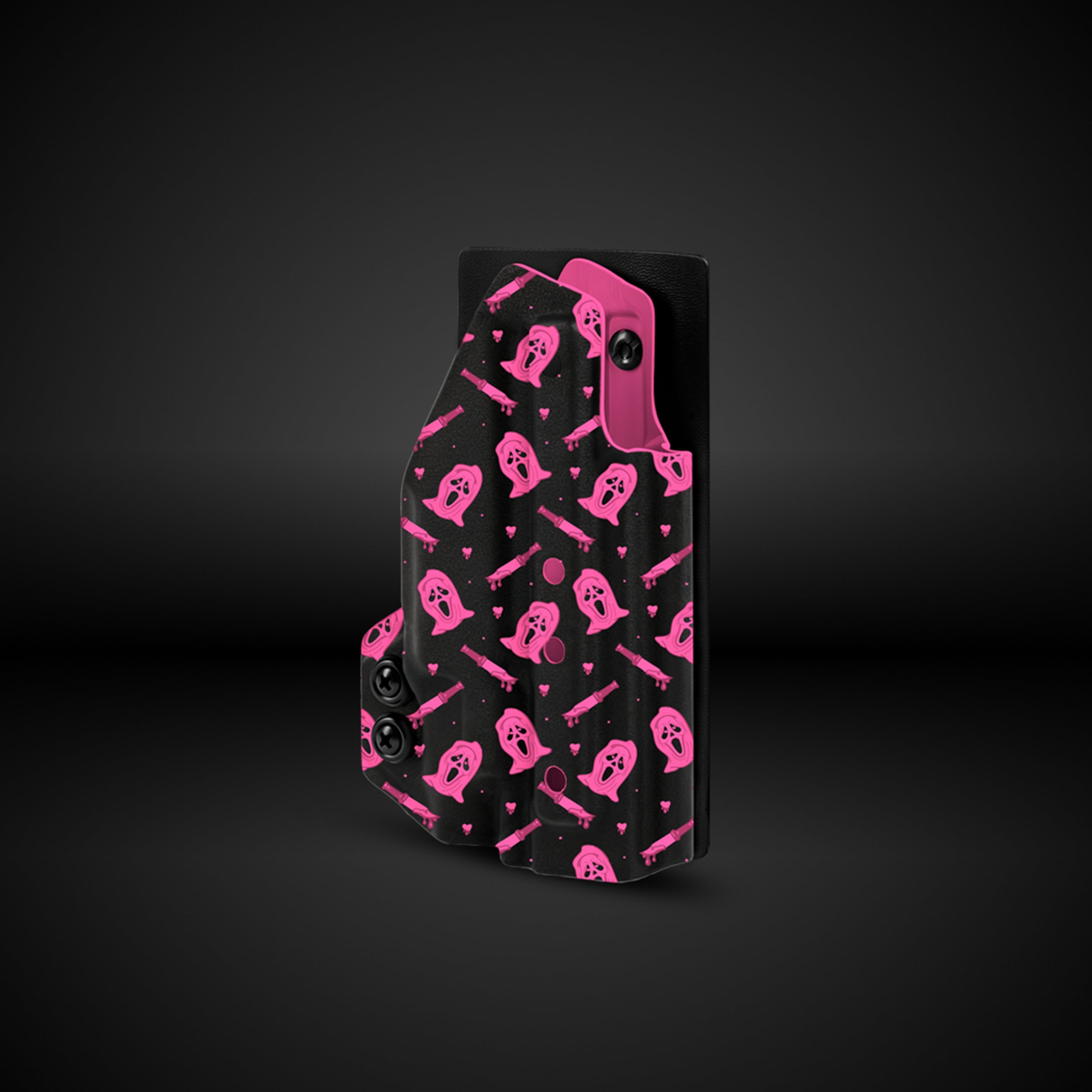 Black phone case with pink ghost pattern on a black background
