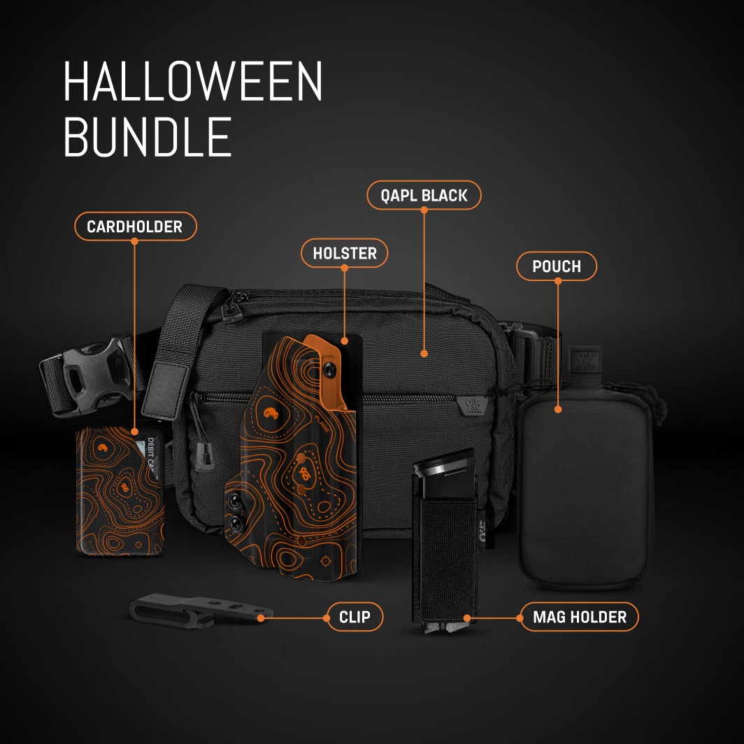 Black tactical gear bundle with labeled components on a dark background