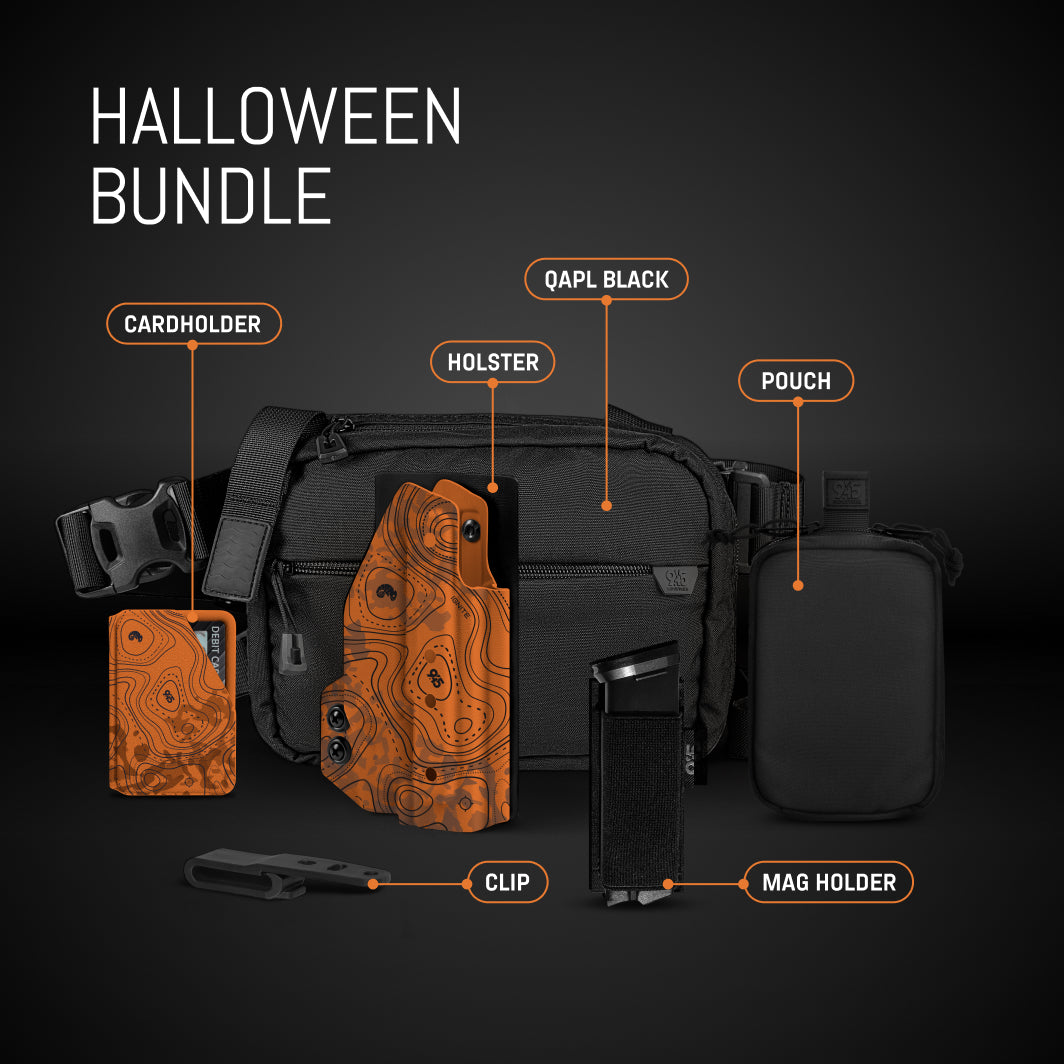 Halloween bundle with various black and orange items on a dark background