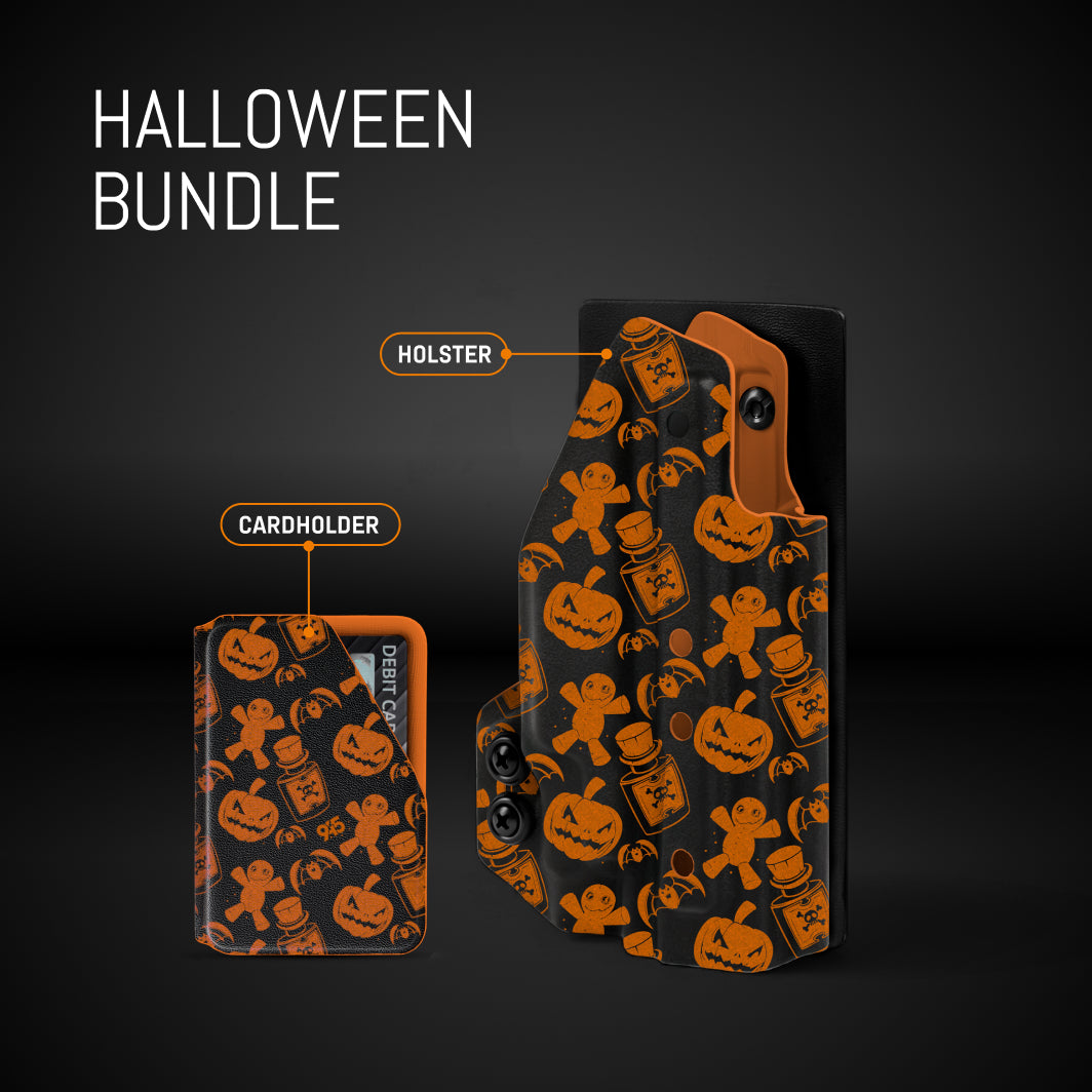 Halloween-themed phone holster and cardholder set on a black background