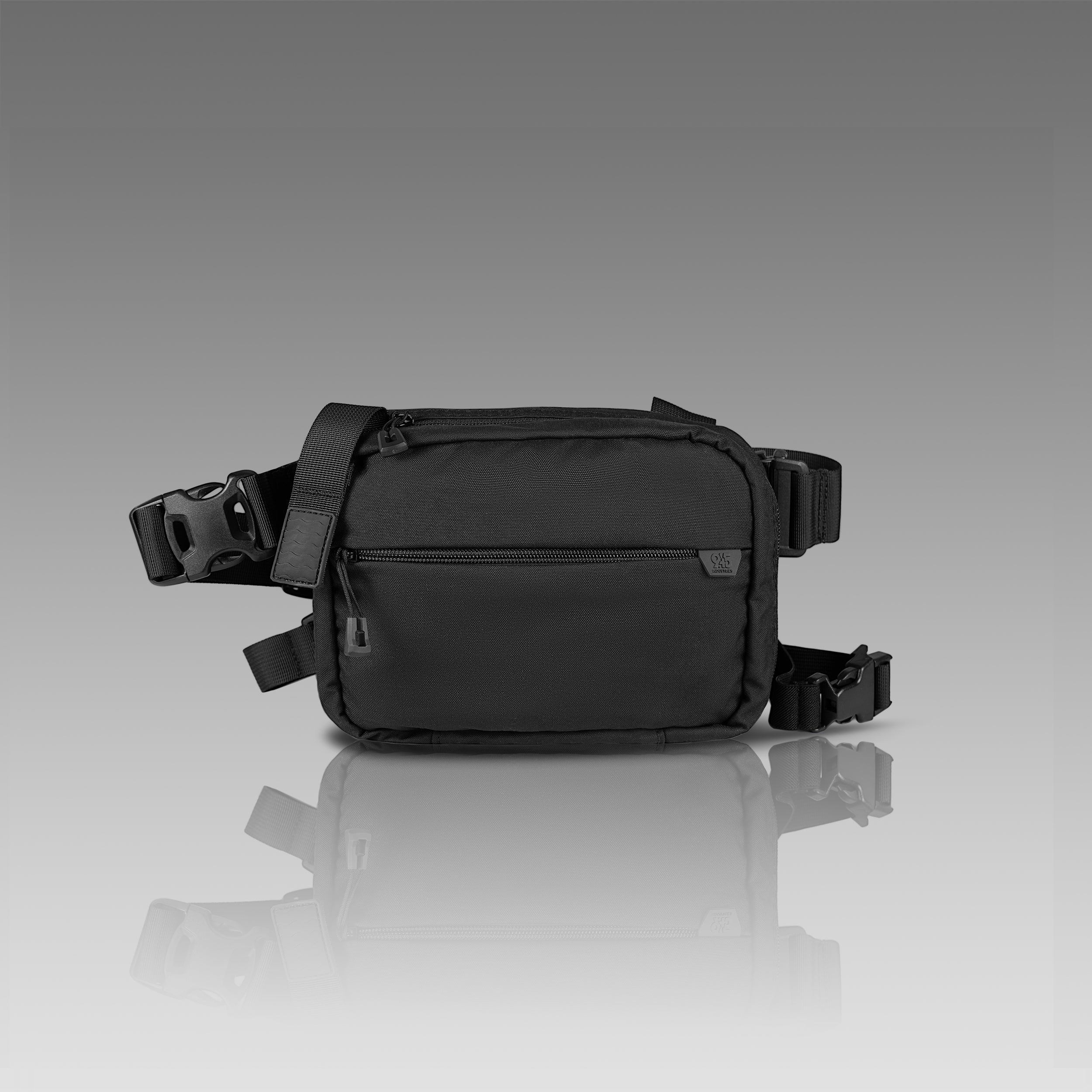 Black waist bag on a reflective gray surface with a gradient background