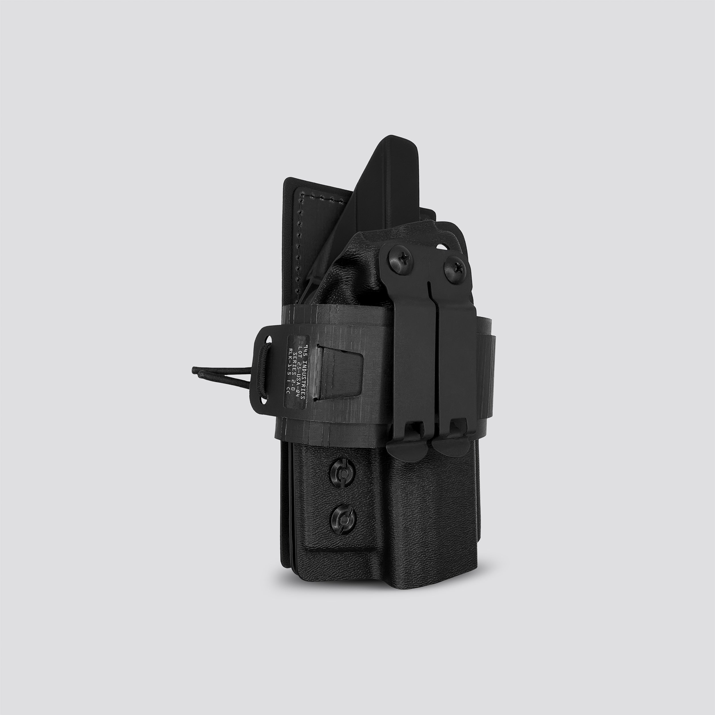 Black IWB Tegris holster adapter with black panel and belt with IWB holster on a light gray background