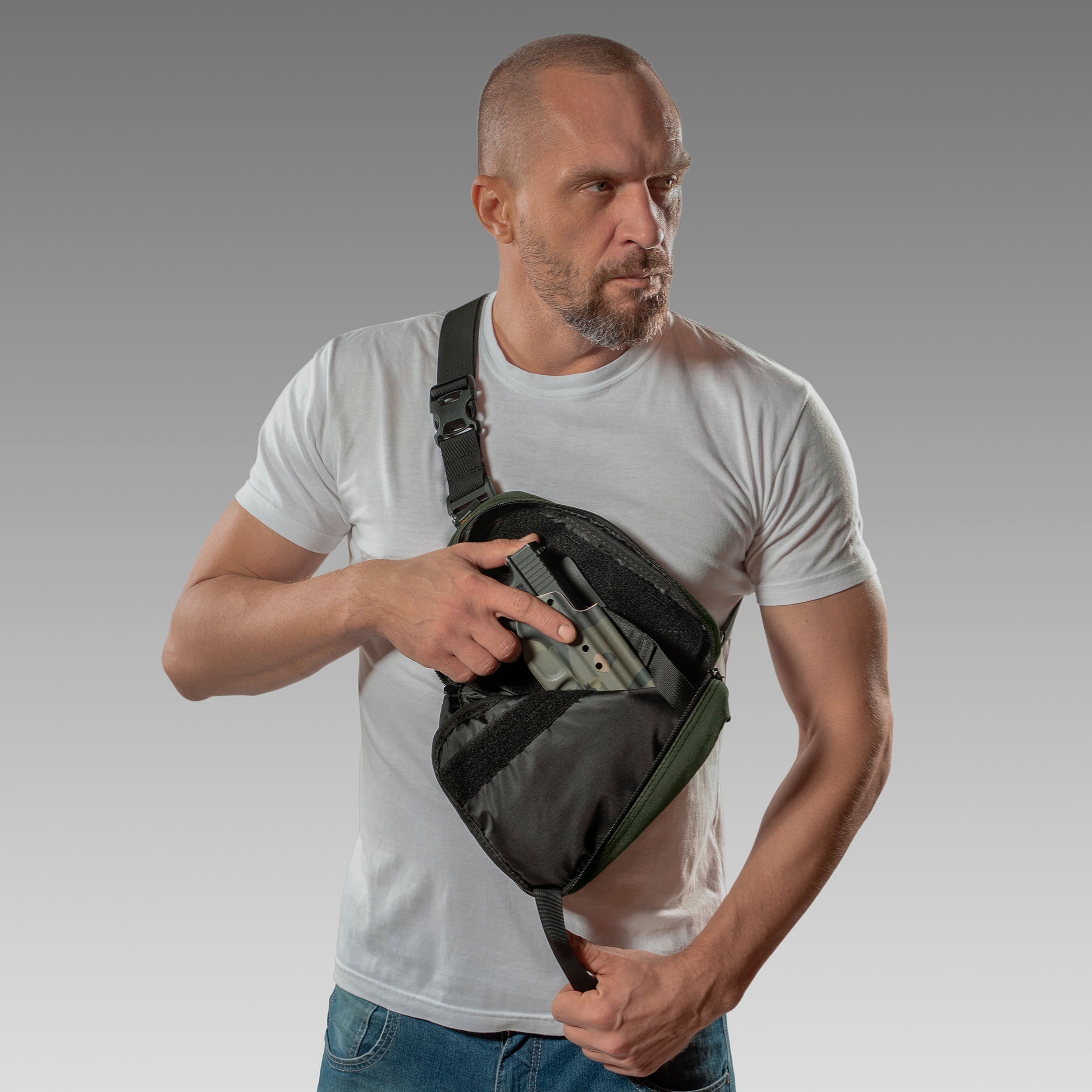 QAPL LOW PROFILE CORDURA® CONCEALMENT BAG (LARGE) CAMO GREEN WITH KYDEX HOLSTER