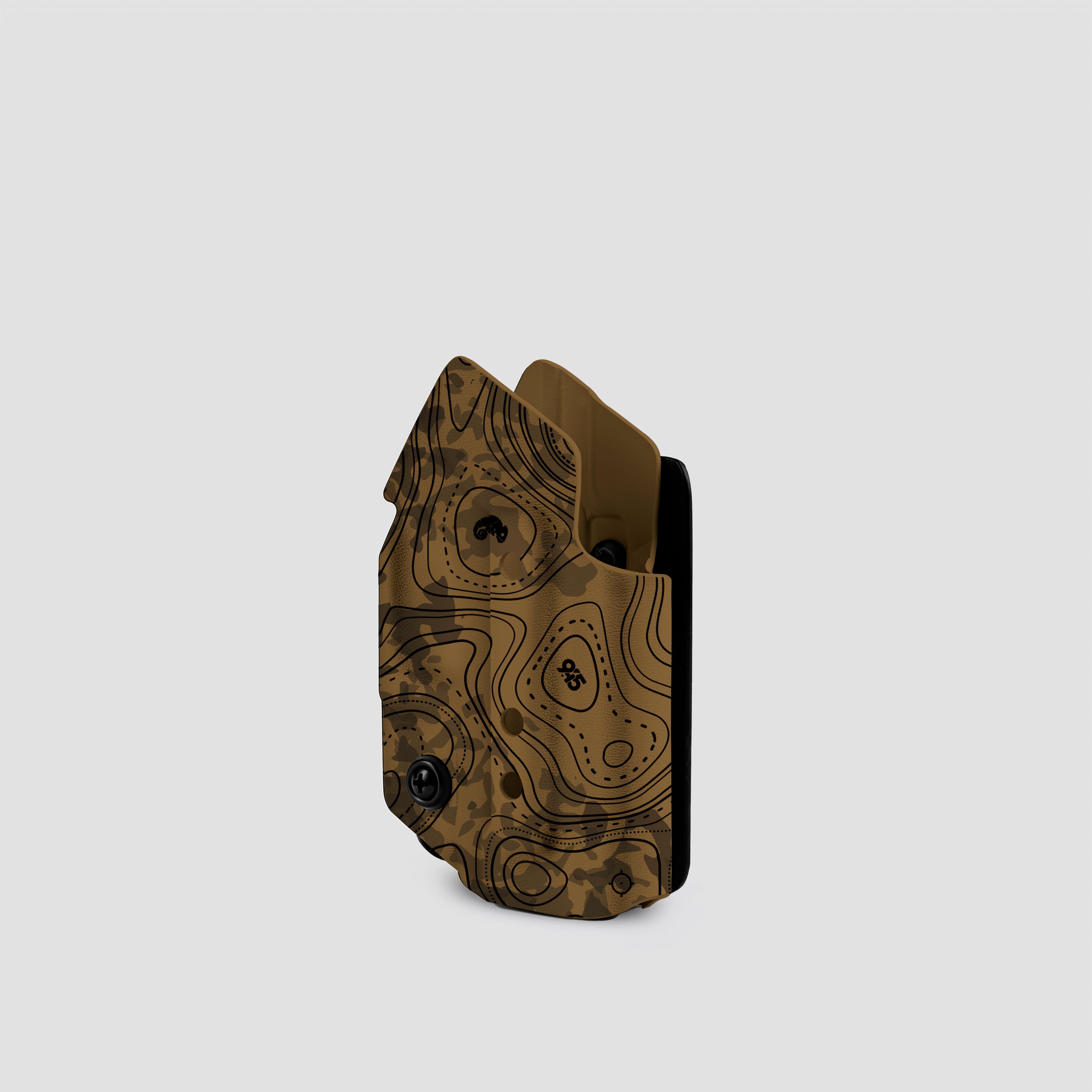 Brown tactical holster with camouflage pattern on a light gray background