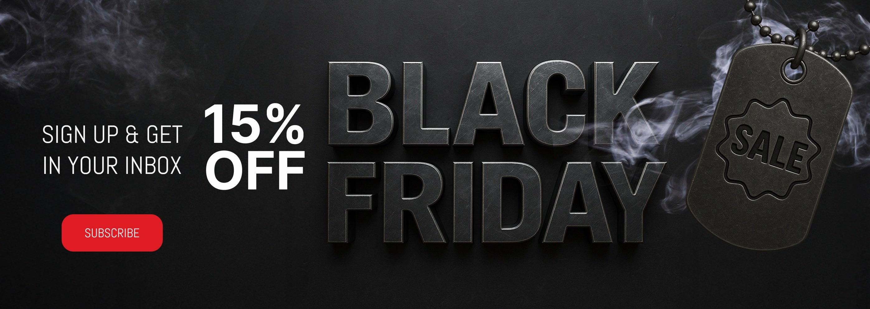Black Friday sale banner with '15% off' offer and 'Subscribe' button on a dark background.