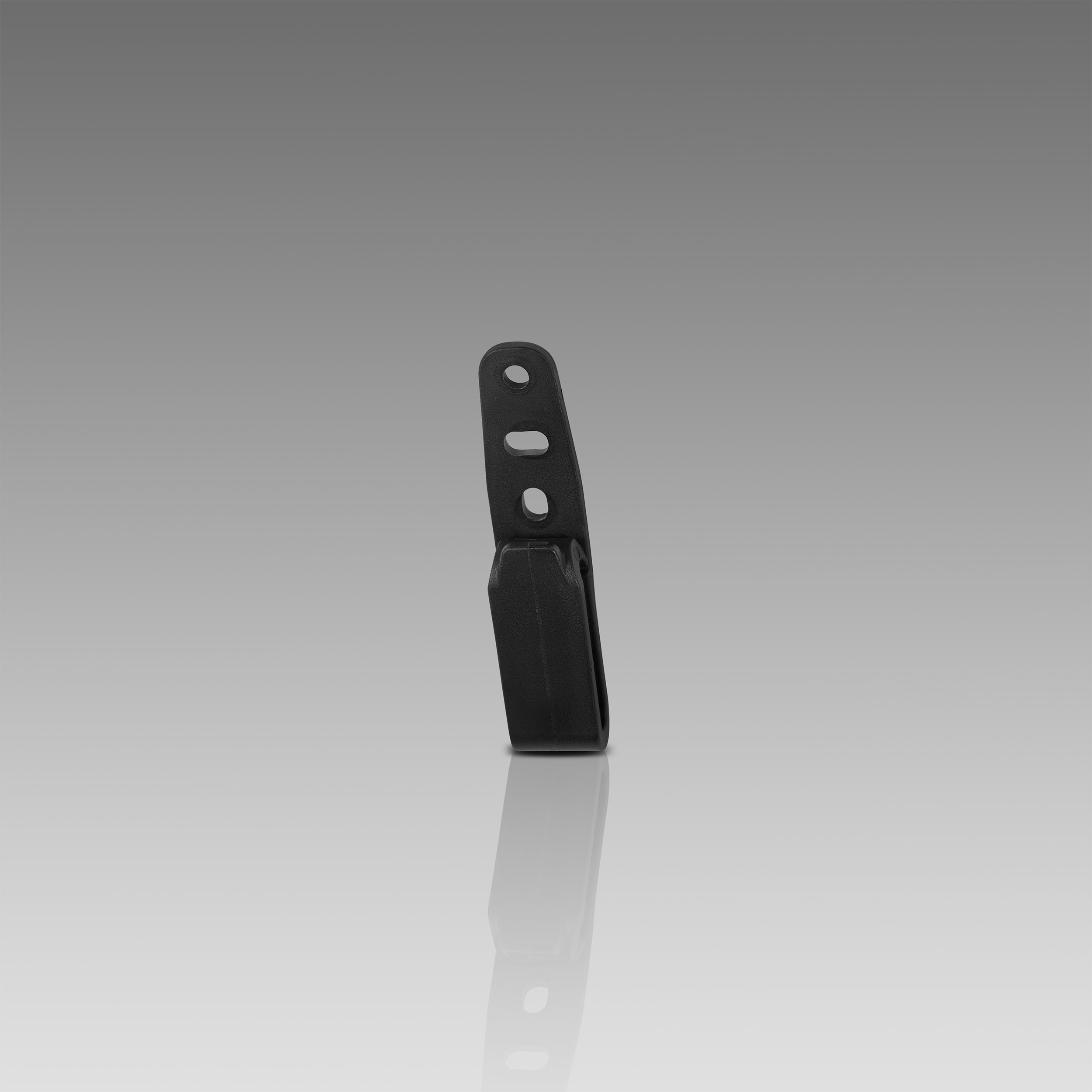 A black metal grip hook with a reinforced top curve, designed for inside-the-waistband carry, displayed against a grey background.