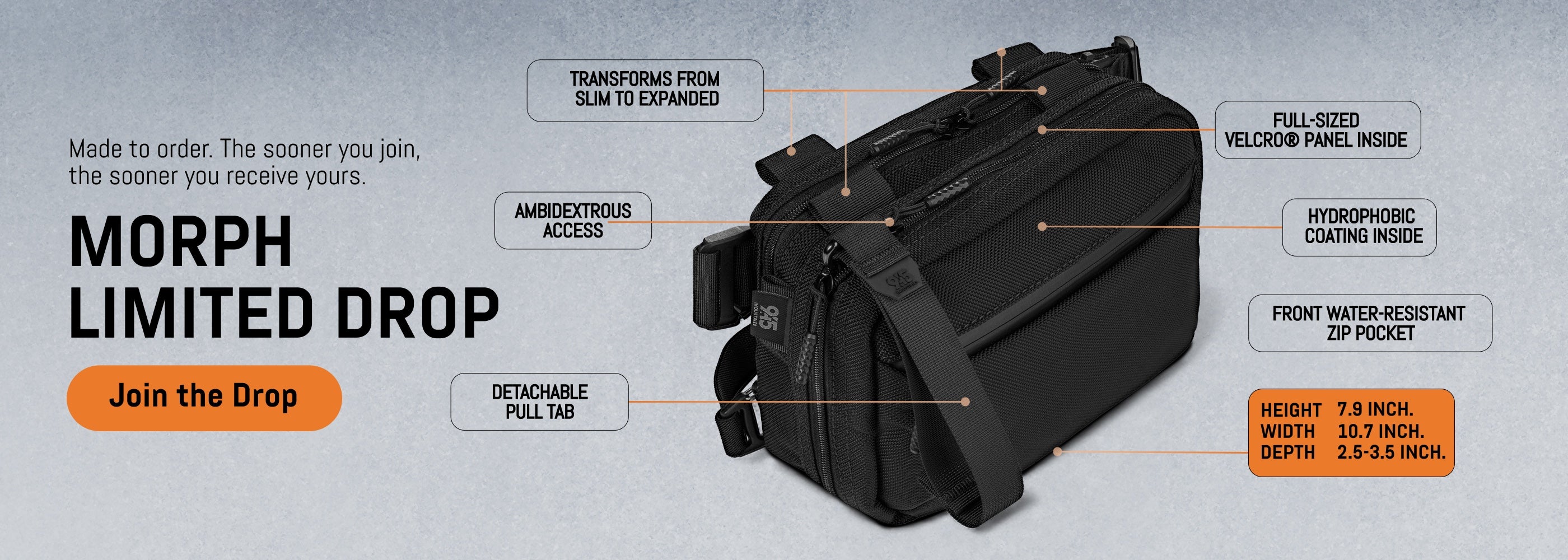 Black bag with features highlighted on a gray background, promoting 'Morph Limited Drop'.