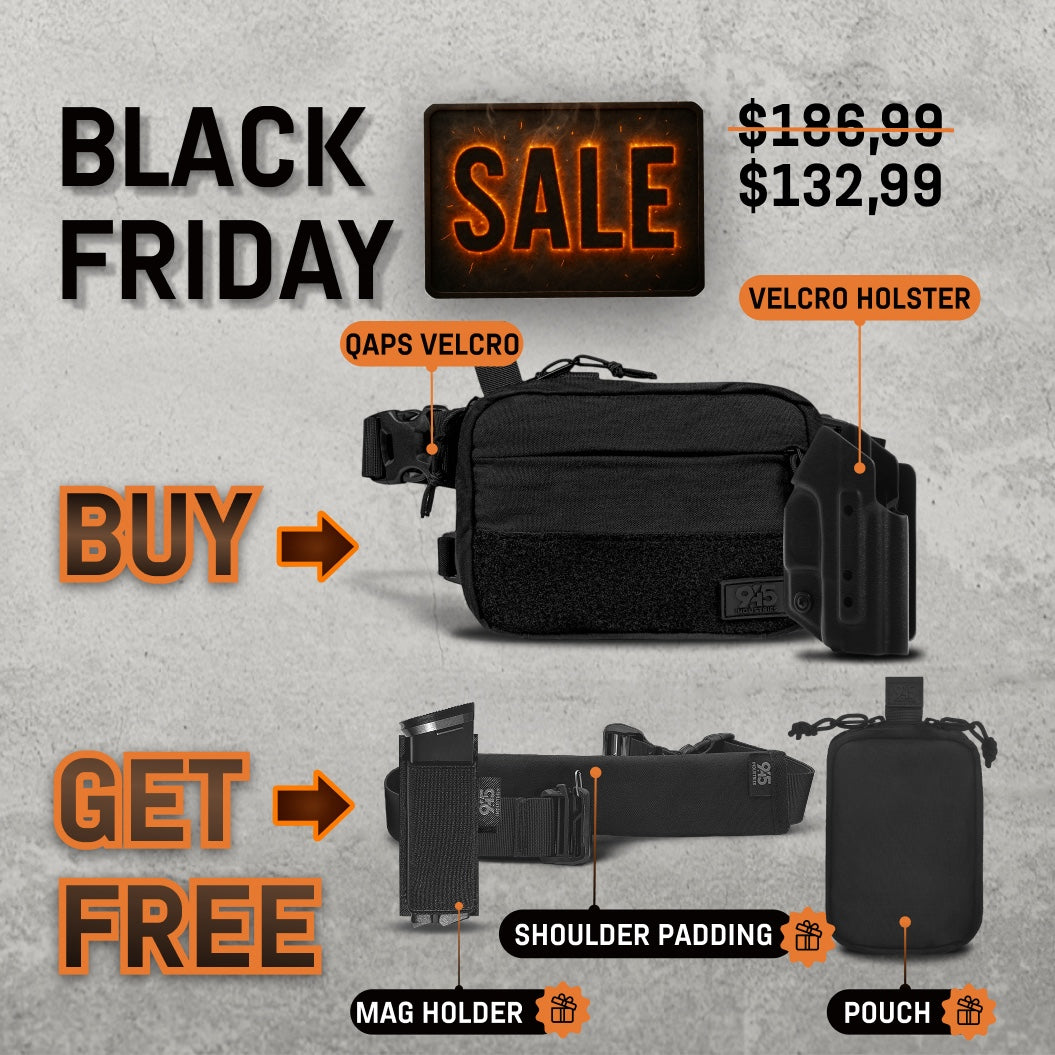 Black Friday sale advertisement with a black bag and additional accessories on a gray background.