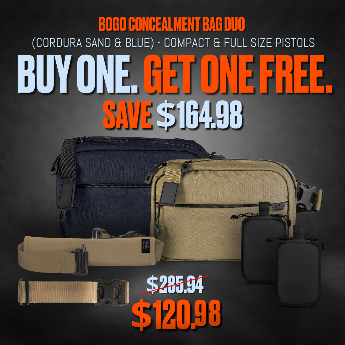 BOGO Concealment Bag Duo (Cordura Sand & Blue) - Compact & Full Size Pistols