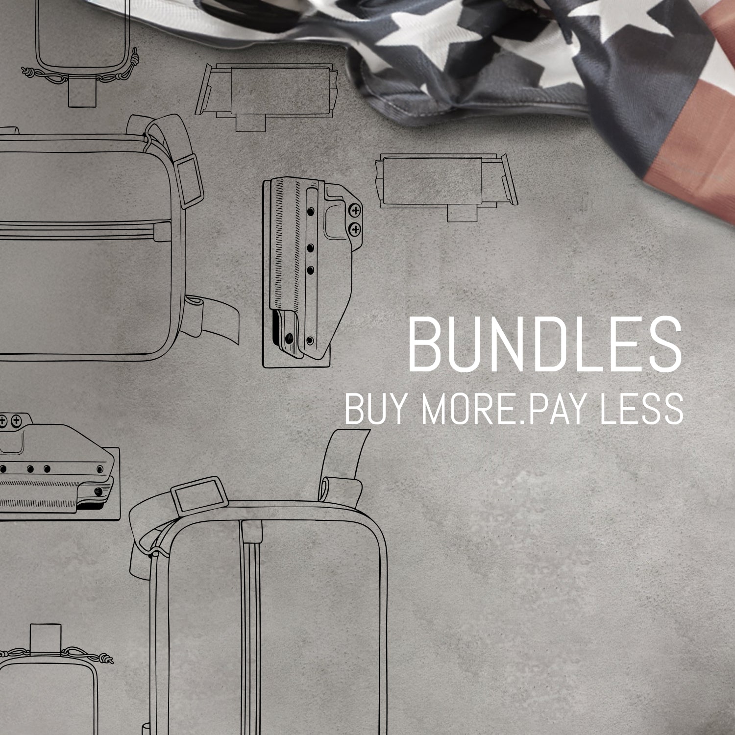 Outline of suitcases and bags on a gray background with text 'Bundles Buy More. Pay Less'.