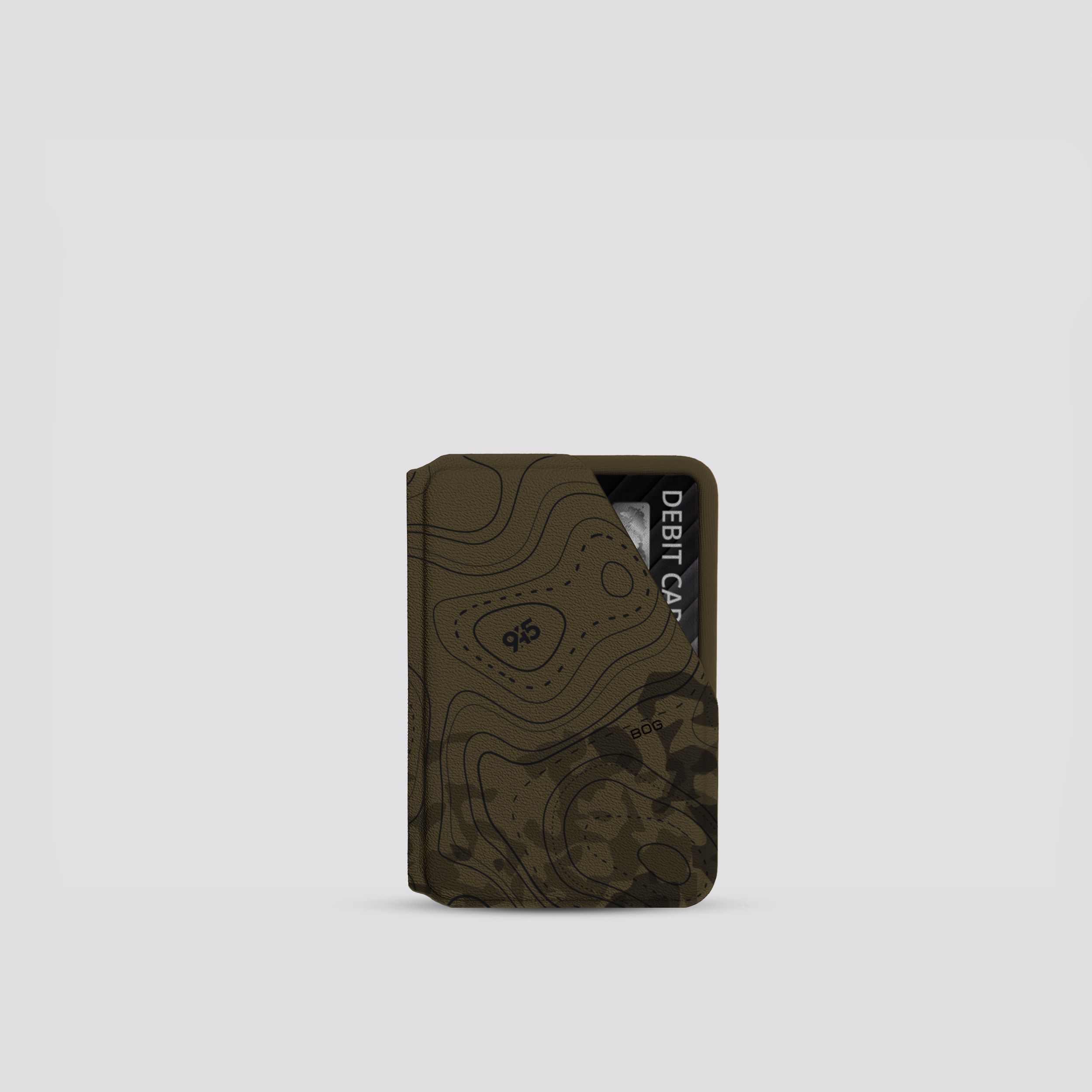 Brown cardholder with topographic design on a light gray background