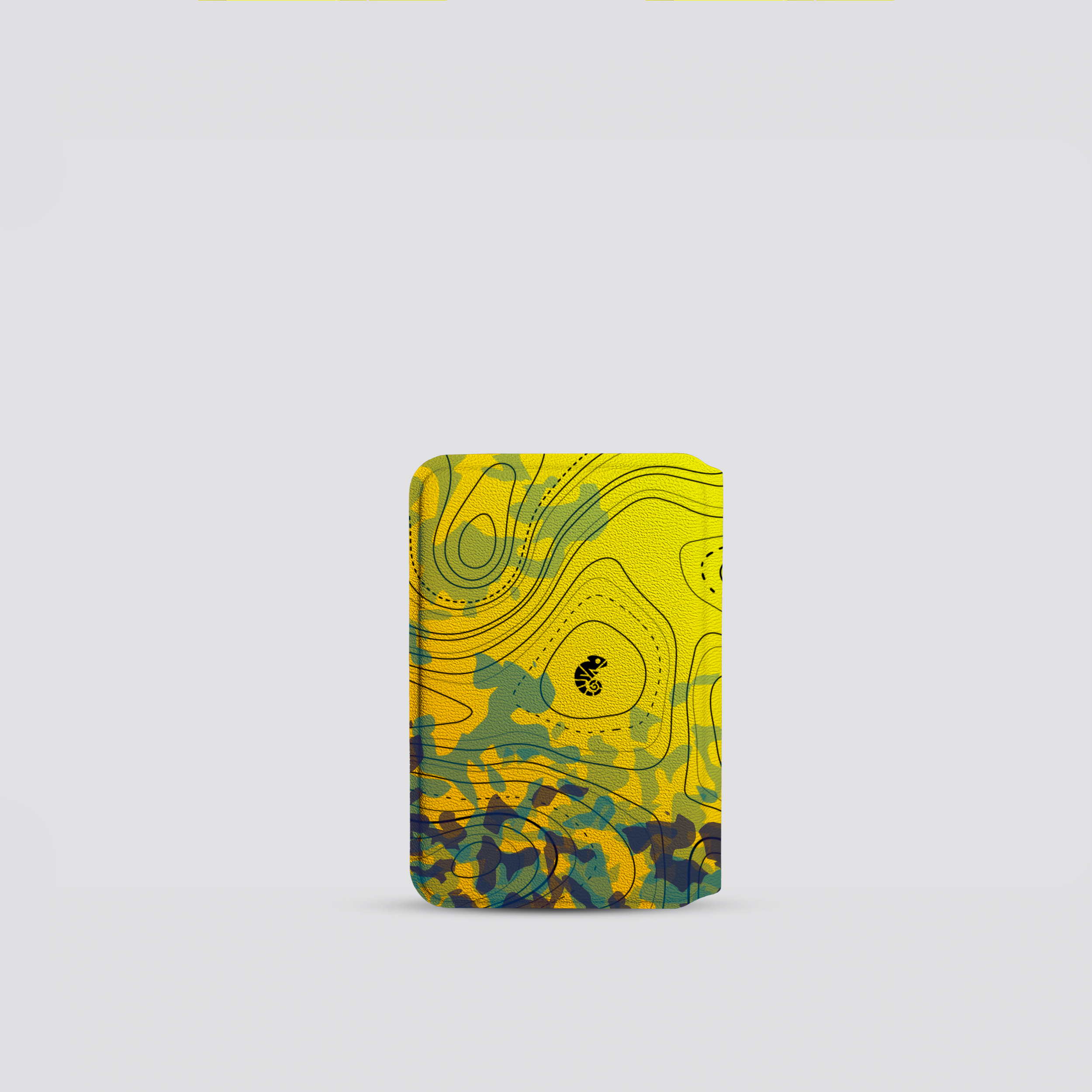 Cardholder with a colorful abstract design on a light gray background