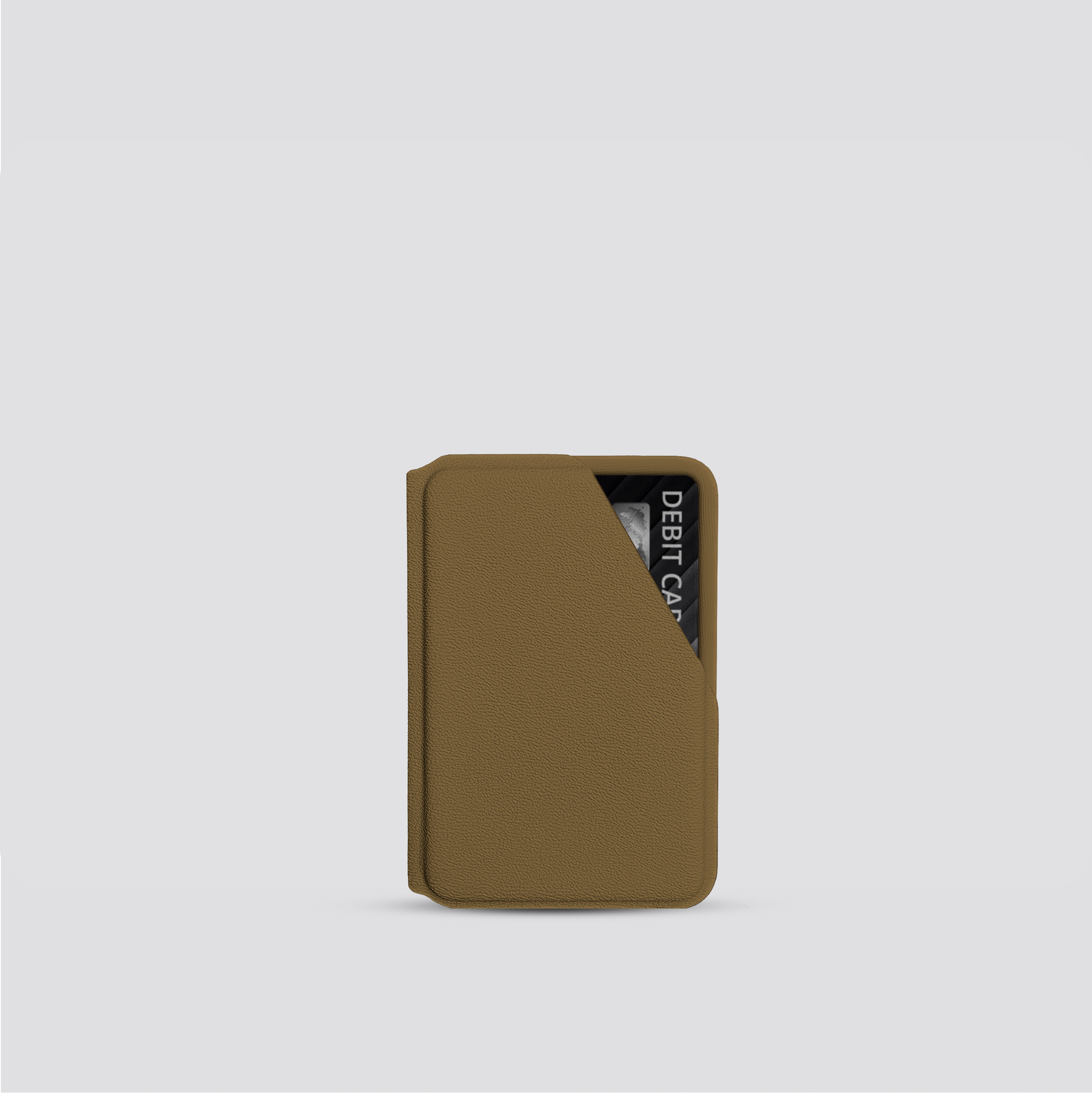 Brown cardholder with a card inside on a light gray background