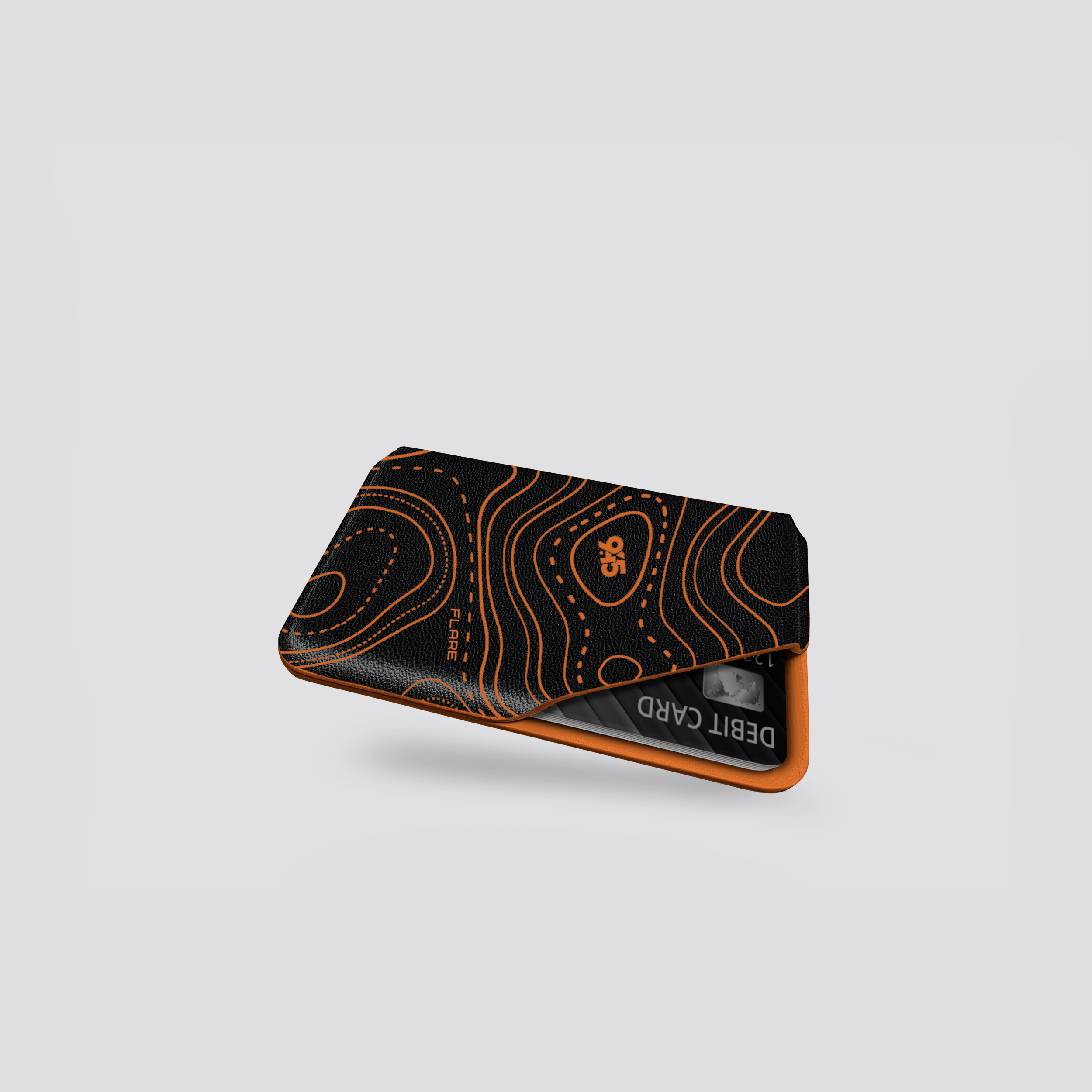 Black and orange Cardholder with brand logo on a light gray background