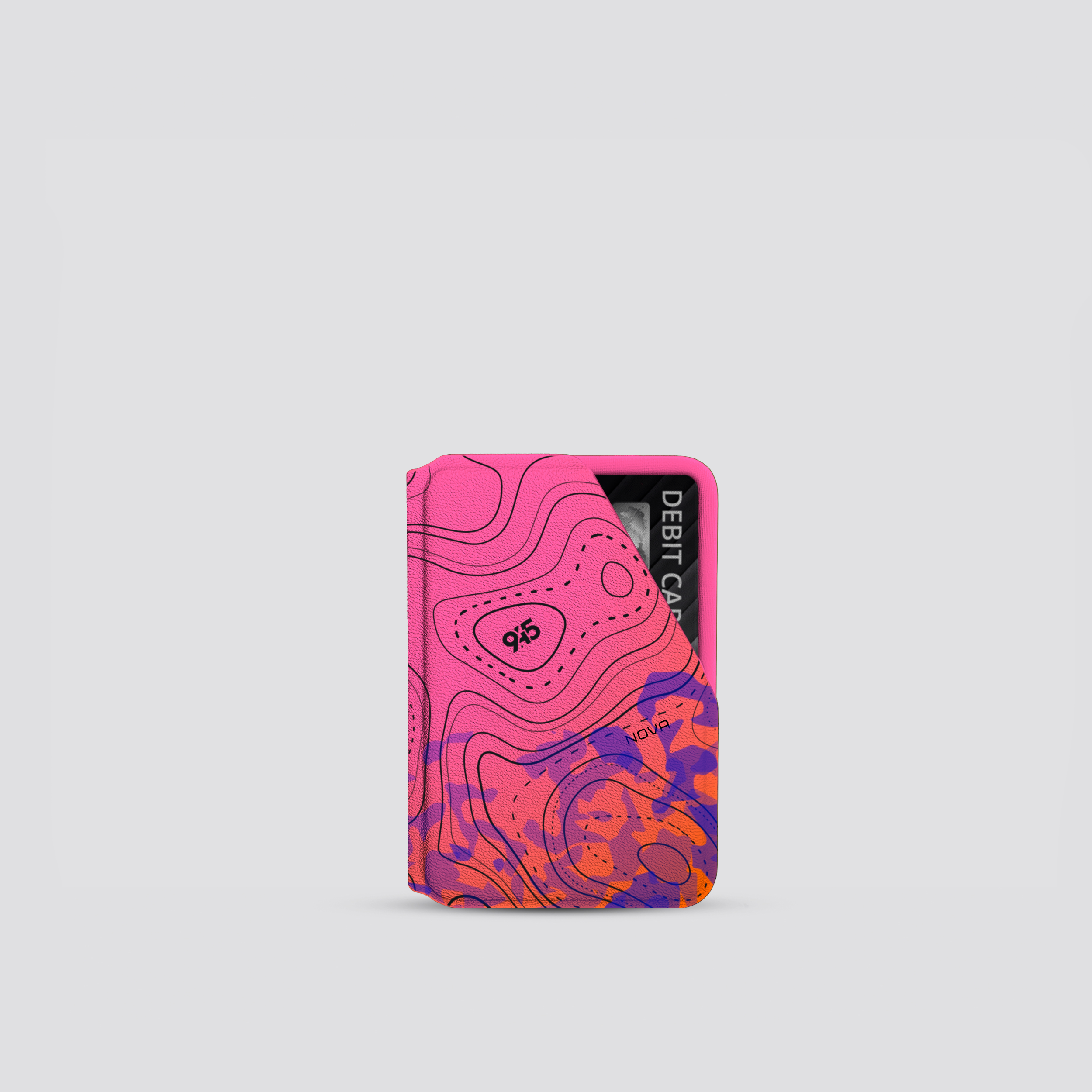 Pink and purple patterned cardholder on a light gray background