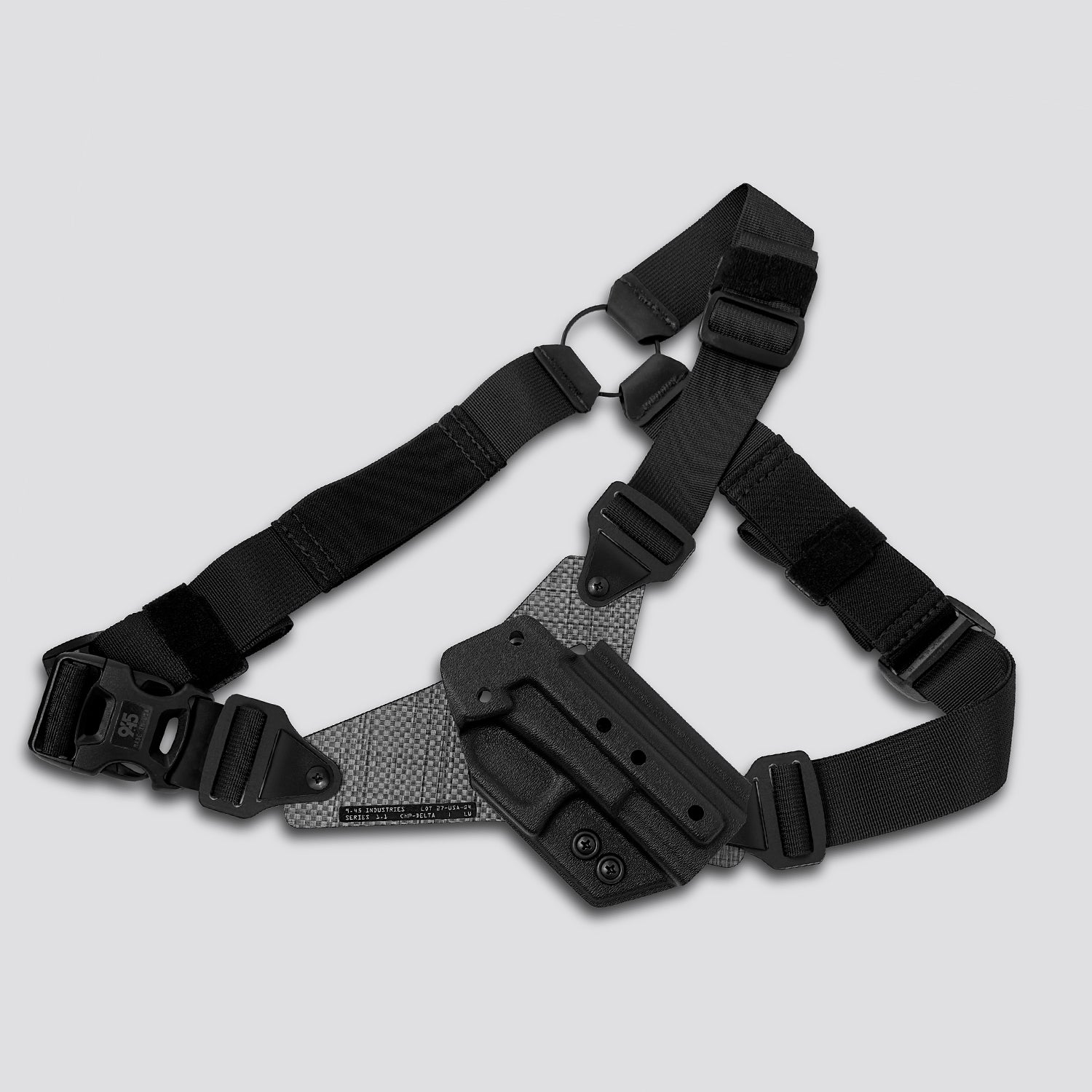 Black tactical belt with holster on a light gray background