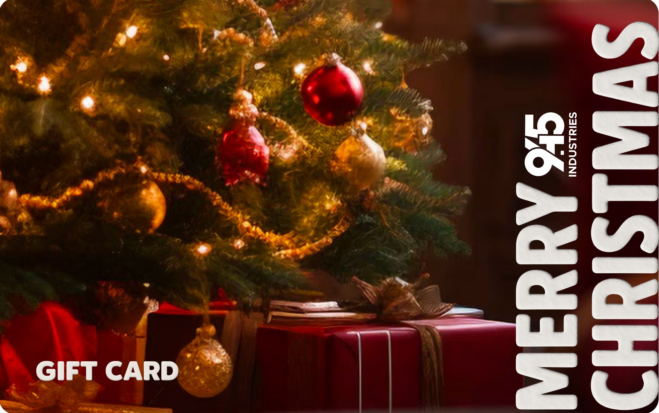 Gift card with Christmas tree and presents on a dark background