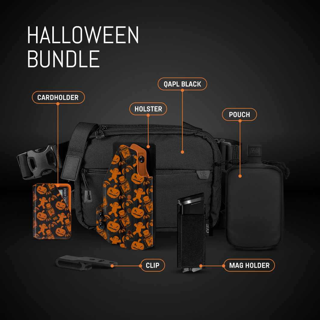 Halloween bundle with black and orange items on a dark background