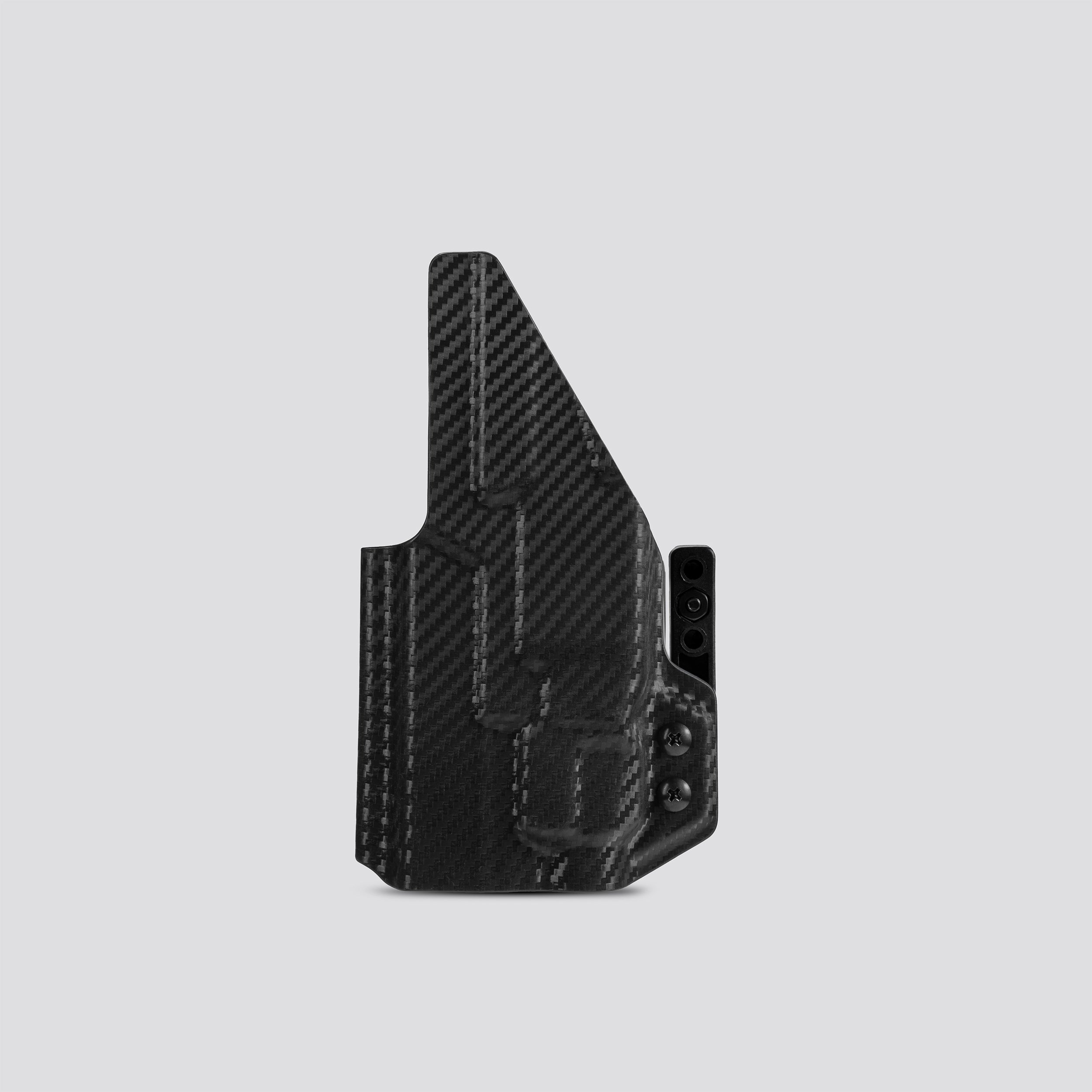 Black carbon fiber holster on a light gray background