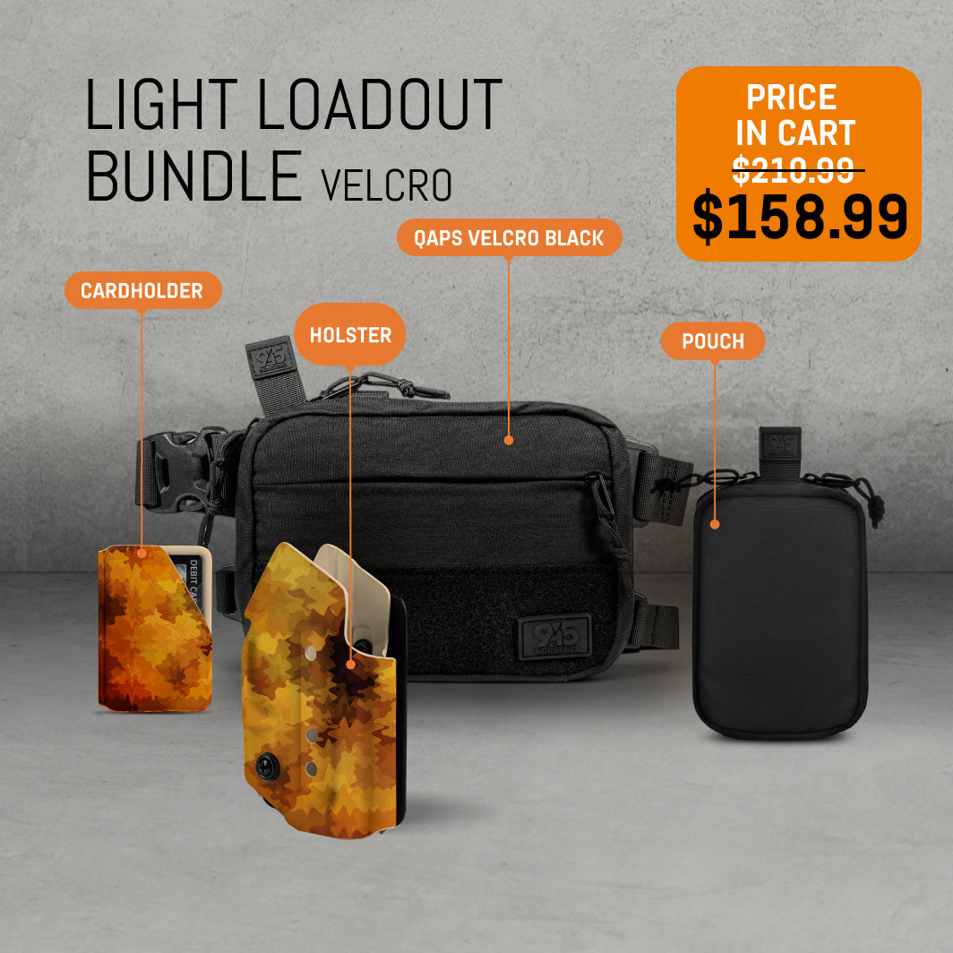Light loadout bundle with black bag, holster, cardholder, and pouch on a gray background.