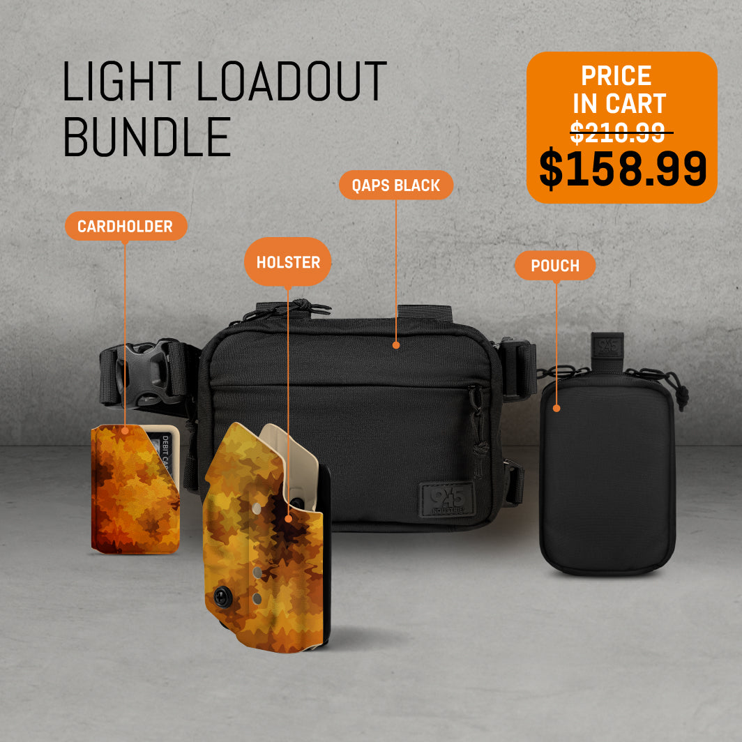 Light loadout bundle with black bag, cardholder, holster, and pouch on a gray background.