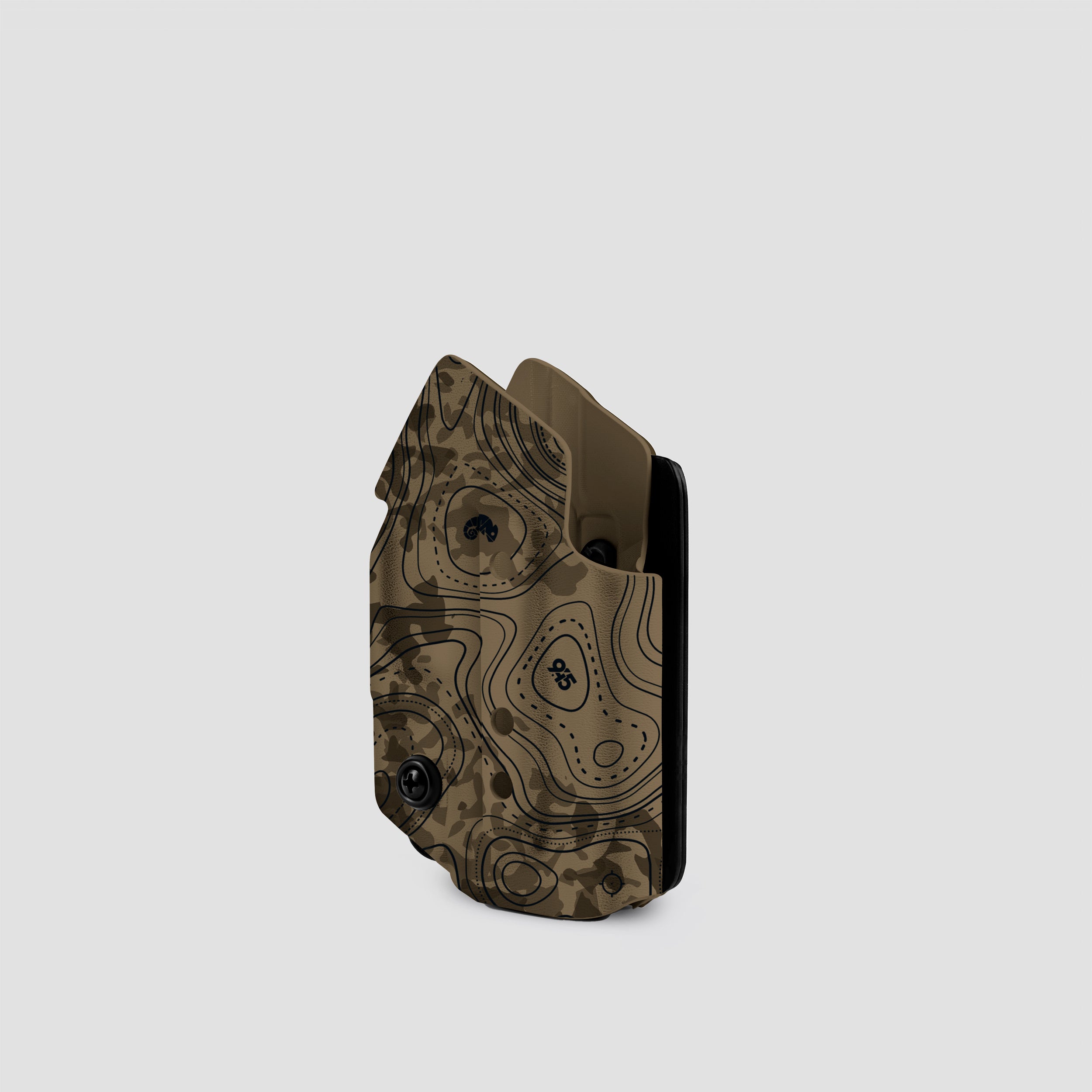 Camouflage-patterned holster on a light gray background