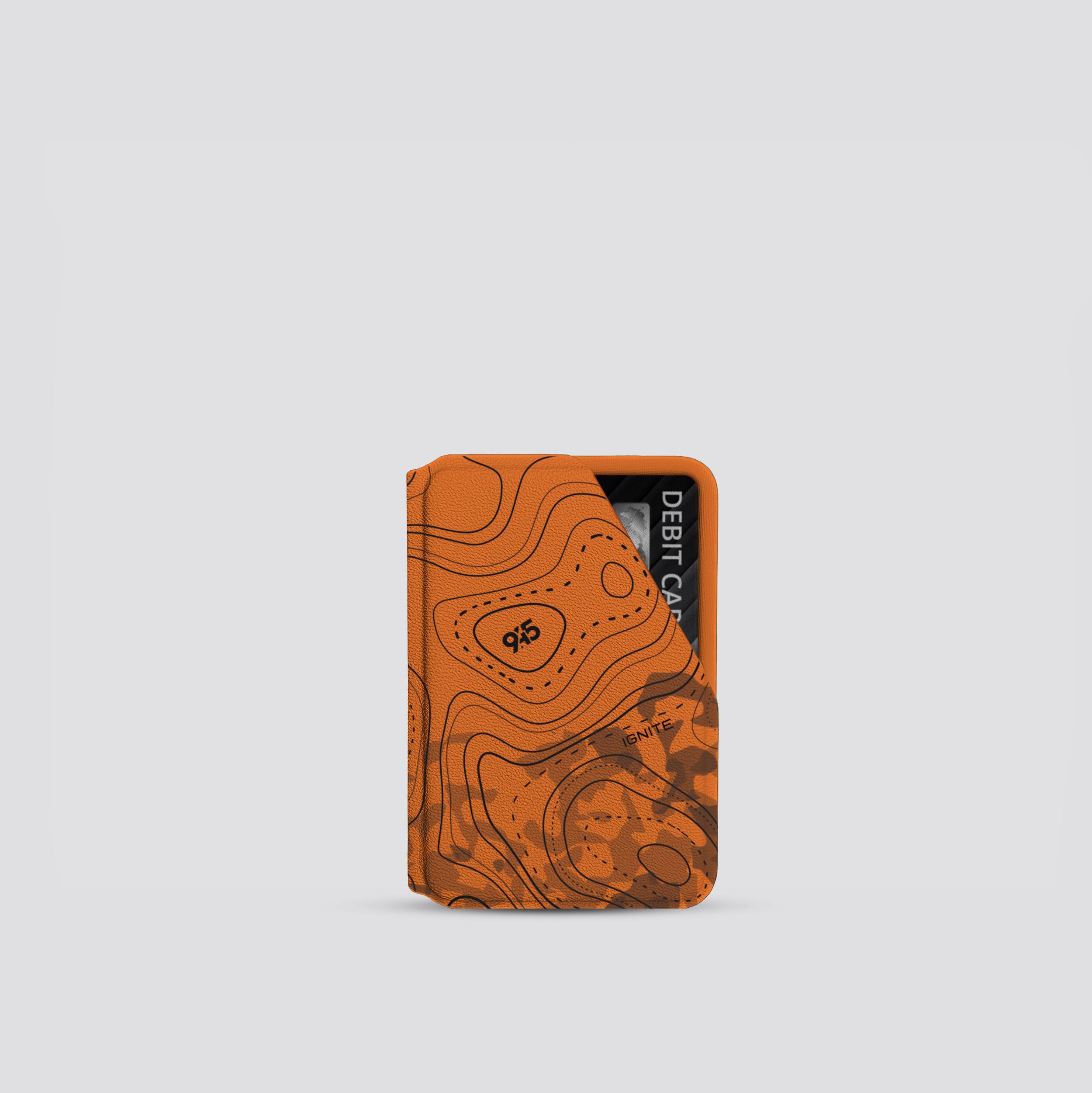 Orange and brown cardholder with 'Debit Card' text on a light gray background